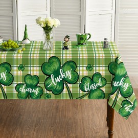 Horaldaily St. Patrick's Day Tablecloth 60×84 Inch Rectangular, Green Buffalo Plaid Shamrock Rural Style Washable Seasonal Table Cover for Party Picnic Dinner Decor