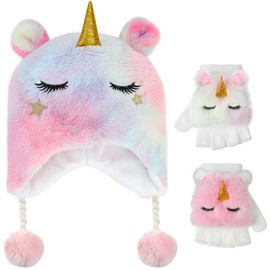 Hifot Unicorn Winter Hats and Gloves for Girls, Cute Fluffy Girls Earflap Beanie with Winter Mitten for Kids