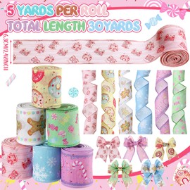 Suncalla 6 Roll 30 Yards Pastel Christmas Ribbon Wired 2.5 Inch Pastel Candy Gingerbread Man Donut Snowflake House for Xmas Tree Gift Wrapping Wreaths Garland Bows Holiday Decor DIY Crafts