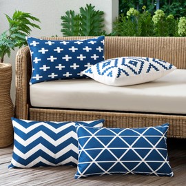 JOTOM Set of 4 Waterproof Cushion Covers 30x50 cm Outdoor Throw Pillow Covers 12x20 Inch Modern Geometric Decorative Pillow Cases for Patio Garden Porch Bench Sofa Indoor Bed (Navy Blue)