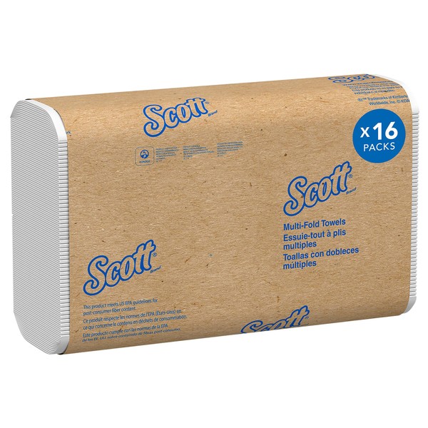 Scott® 100% Recycled Fiber Multifold Paper Towels (01807), with Absorbency Pockets™, 9.2" x 9.4" sheets, White, Compact Case for Easy Storage, (250 Sheets/Pack, 16 Packs/Case, 4,000 Sheets/Case)