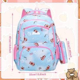 CYGMRFH Capybara School Backpack Set with Pencil Case Pink Children's Backpack for Girls with 3 Compartments Large Capacity Adjustable Straps Oxford Fabric Backpack with Inner Pockets for School