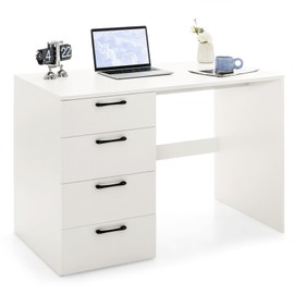 SILKYDRY White Desk with Drawers, Home Office Desk with 4 Storage Drawers, Modern Vanity for Bedroom, Teen Writing Study Table, Wood Computer Workstation for Study Room, 43.5"×23.5"×30" (L×W×H)