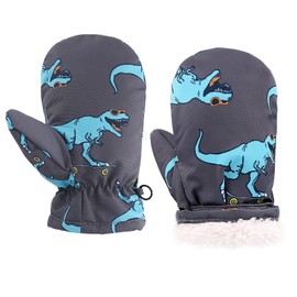 Baby Winter Waterproof Gloves Toddler Boys Girls Ski Snow Mittens Kids Fleeced Lined Warm Gloves (Grey Blue Dinosaur, M(1-2 Years))