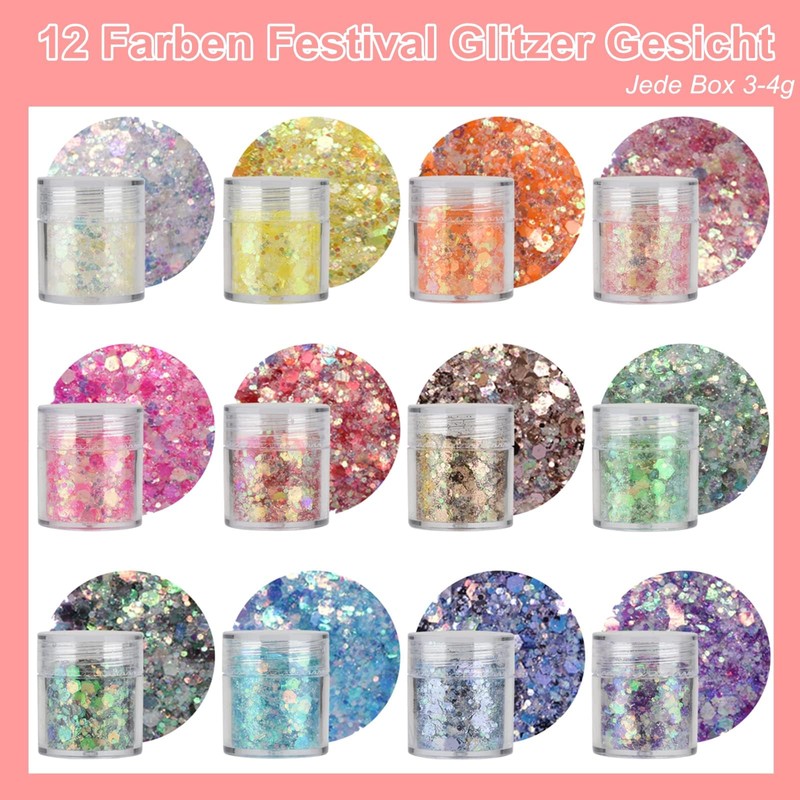DealKits 12 Colours Festival Glitter Set for Face/Body, Carnival/Party