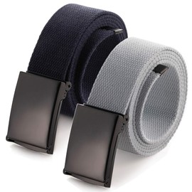 Cut To Fit Canvas Web Belt Size Up to 52-inch with Flip-Top Solid Black Military Buckle (2 Pack Navy/Grey)(Size: Cut to One size)