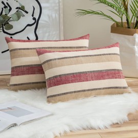 MIULEE Linen Cushion Covers Stripe Throw Pillow Case Square Coastal Home for Sofa Chair Couch Livingroom Bedroom Neutral Decorative Pillowcase 16x24inch 40x60cm Pack of 2 Red and Brown