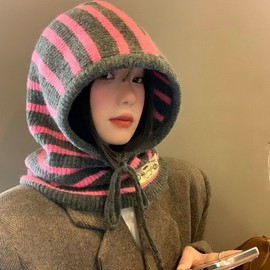 International New Arrival: Women's Korean Style Striped Balaclava (LF1419) Free Size/M (56-58cm) Red 4ea