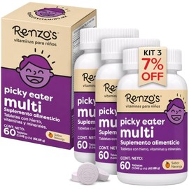 Renzos Picky Eater KIT 3  Multivitaminico para Nios  18 Vitaminas y Minerales  60 Tabs Masticables sin Azcar  Vegano y Sin Alrgenos  Vitamina C, D3,  