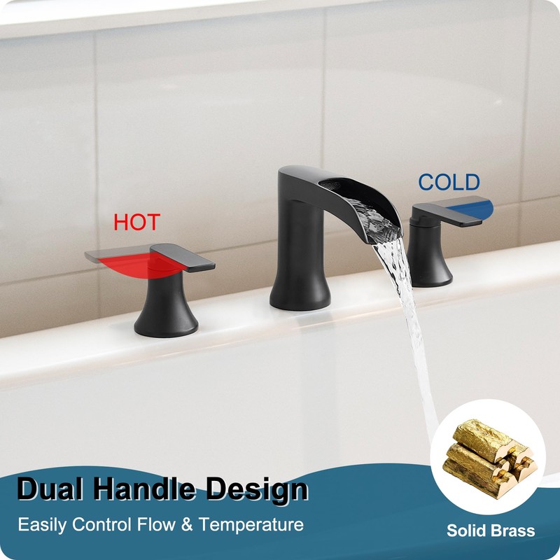 HOIGY Solid Brass Waterfall Bathtub Faucets Set, 3 Hole Matte