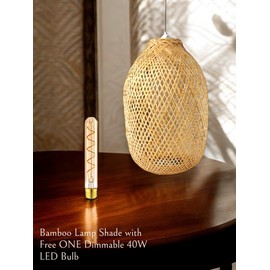 Bamboo Bulb Guard Lamp Cage for Pendant Lights, Rustic Vintage Bamboo Lamp Guard, Bamboo LAMP Shade with a FREE DIMMABLE 40W LED BULB, D8.7 xH15.7, Natural