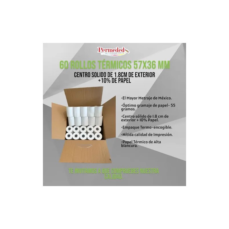 60 Rollos Papel Termico 57x36 Para Terminal Bancaria
