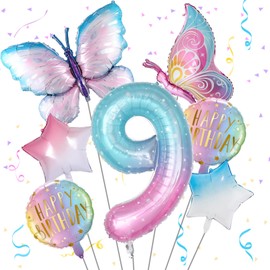 Butterfly Balloons, 9th Butterfly Birthday Decorations for Girls, Fantasy Giant Number 9 Butterfly Foil Balloons Birthday Party Supplies, Aluminum Film Girl Birthday Party Balloons Decoration