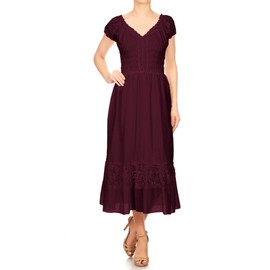 ANNA-KACI Peasant Maiden Boho Inspired Cap Sleeve Lace Trim Maxi Dress, Burgundy, Small
