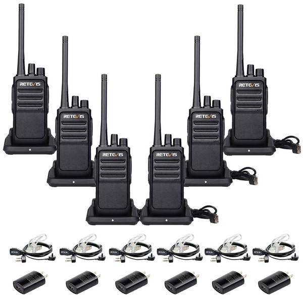 Retevis RT17 Walkie Talkies Long Range, Two Way Radio Rechargeable with Charger Base, Portable 2 Way Radios with Earpieces Mic, for Adults School Church Business Construction(6 Pack)