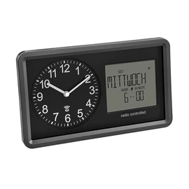 TFA Dostmann Analogue Radio-Controlled Clock with Calendar. 60.3552.01, Senior Clock, Alarm Alarm & Snooze Function, Digital Display of Day of the Week and Date, Analogue Table Clock, Low Backlight,