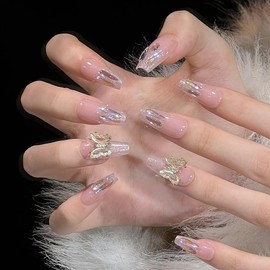 Pure Handmade Nails Press on Nail Reusable Fake Nails Golden RhineStones Bling Bling Medium Stick on Nails French Tip False Nails 10pcs (XS, Q309 NAILS)