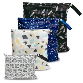 Wet Bag Waterproof Nappy Bag for Travelling Wet Bag Nursery Wet Bag Nursery Laundry Bag Fabric Nappies Laundry Bag Nursery Waterproof Nappy Bag for Baby Set of 4, geometric lemon stars feather, Wet