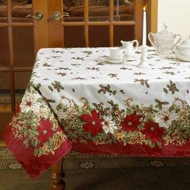 Violet Linen Decorative European Blossom Christmas Tablecloth, Poinsettia & Holly Berry Print - 60" x 84"