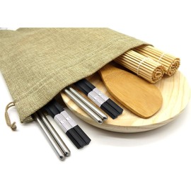 Buabi Sushi Set Stainless Steel Sticks, Wooden Sticks, Mats and Bamboo Paddle. With Gift Canvas Bag (With Wooden Plate)