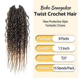 NISEYO Boho Senegalese Twist Crochet Hair 12 Inch, 8 Packs Pre-looped Curly Ends, Ombre Honey Blonde Pretwisted Goddess Island Passion Twist Crochet Braids (120 Strands,T27)