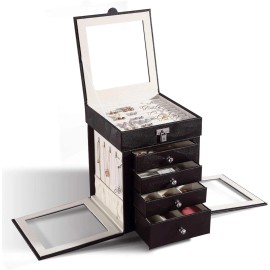 Kendal Black 5-Layer Rotating Leather Jewelry Box Jewelry Organizer w/ Mirror