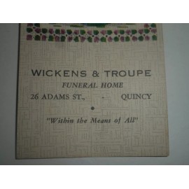 Vintage WICKENS & TROUPE Quincy MA Funeral Home Tally Card Bookmark 1950's Nos