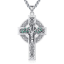 LOOVE Tree of Life Cross Necklace Sterling Silver Celtic Cross Necklace for Men Irish Cross Pendant