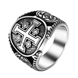 JewelryWe Jerusalem Cross Ring Men's Stainless Steel Men's Ring Religious Cross Signet Ring Punk Hip Hop Finger Ring Men Biker Band Ring Crusader Amulet Christian Catholic Jewellery Silver, Stainless