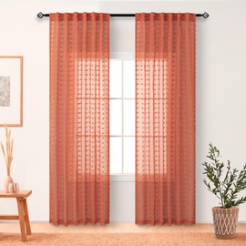 Burnt Orange Sheer Curtains 84 Inches Long Terracotta Curtains for Living Dining Room Bedroom 2 Panels Back Tab Boho Farmhouse Style Pom Pom Tufted Window Drapes Semi Sheer Fall Decor Curtains 52x84