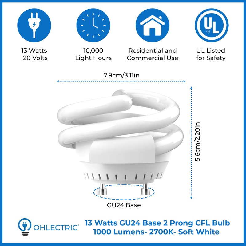 OHLECTRIC UL-Listed 13W Spiral T3 Compact Fluorescent Lamp Light Bulbs