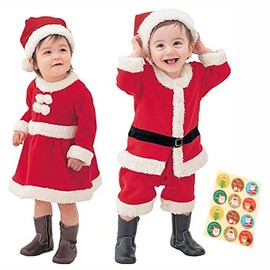 Limspace Santa Claus Children's Santa Cosplay Christmas Costume, Boys and Girls, Top and Bottom Costume, Santa Hat, Belt, Christmas Stickers, 5-Piece Set, 31.5-43.3 inches (80-110 cm), Baby Costume,