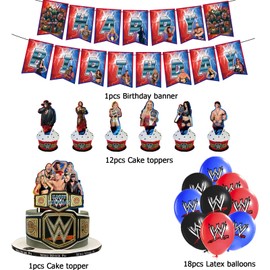 SMLHPARTY Wrestling Birthday Party Decorations - Blue Cartoon Balloons & Banner - WWE Theme - Includes Birthday Banner & Balloons