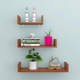 Hbluefat Floating Shelves Set of 3, Wall Hanging Mounted Floating Book Shelf, Wood Wall Decor Storage Shelf for Bedroom, Living Room, Bathroom (Teak)