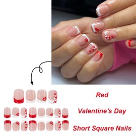 24 Pcs Press on Nails Short Square ZWENJIE Fake Nails Red&White French Nail Tips Red Heart Lips Design Full Cover Acrylic Nude False Nails Daily Wear Stick on Nails for Women DIY