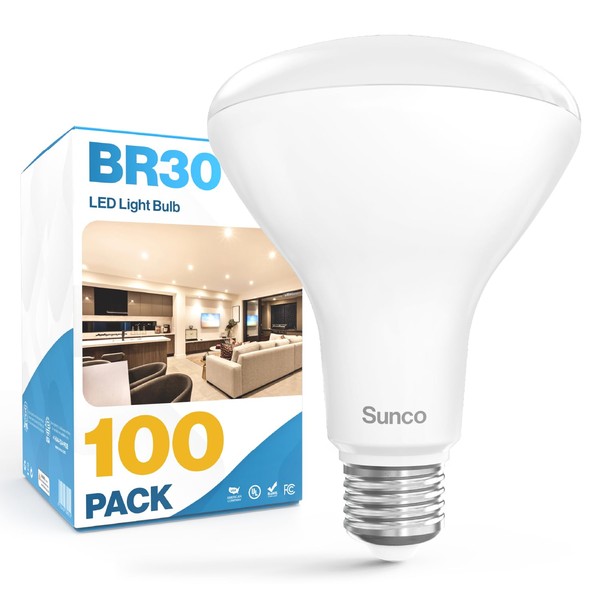 Sunco 100 Pack BR30 Light Bulbs LED, Recessed Can Light