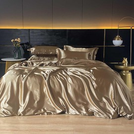 Famanti Bedding Luxury Satin Duvet Cover - Soft Satin Queen Set, 3 Pcs Luxury Silky Sheets, Silk-Like Smooth and Wrinkle Resistant,Queen Size, Zipper Closure, Women's Gift (Champagne, Queen 90"×90“)