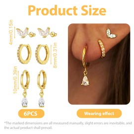 IKOPFLN 3 Paar 14K Gold Ohrringe Set für Damen 14K Vergoldet Kleine Ohrstecker Set Stapelbar Zirkonia Ohrstecker Creolen Ohrringe Set für Mehrere Piercings - Stil B