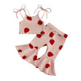 Mialoley Strawberry Outfit Baby Girl Summer Clothes Toddler Kid Bow Print Sleeveless Camisole Tank Top Flare Pant Sets 0-5T (Strawberry, 2-3T)