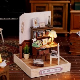 TuKIIE DIY Miniature Dollhouse Kit with Furniture, 1:24 Scale Creative Room Mini Wooden Doll House Plus Dust Proof for Kids Teens Adults(Elegant Studio)