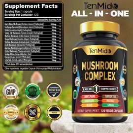 Tenmido Mushroom Complex Supplement - 13in1 Formula - Blend Lion's Mane Mushroom, Cordyceps Sinensis, Reishi, Turkey Tail, Maitake, Chaga, Shiitake, Enoki, & More - 120 Capsules for 4 Months Supply