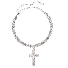 KNITUKL Silver cross Cuban Link Chain Necklace for Women ，hinestone cross pendant necklace and silver religious necklace (Silver-A)