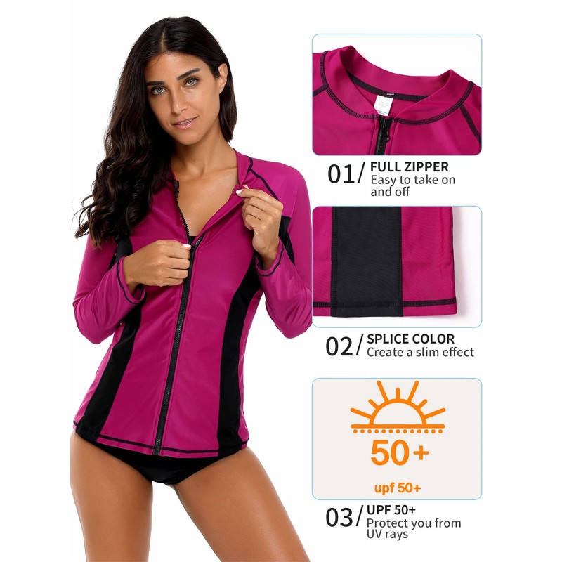 ATTRACO Womens Rash Vest Zip Long Sleeve UPF 50 Rash