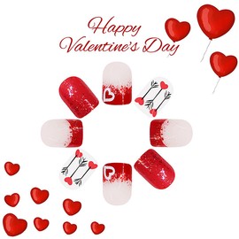 Valentine's Day Press On Nails Short Square Fake Nails Press Ons With Glitter Pink Heart Lines Designs False Nails Valentines Gradient Acrylic Nails Full Cover Stick On Nails For Women 24 Pcs