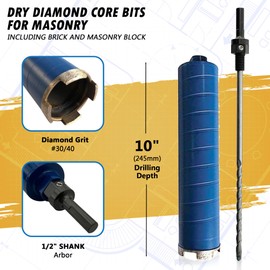 2-3/4" Dry Diamond Core Drill Bits for Brick and Block with 1/2" Shank Pilot Bit Adapter, 9.5" Drilling Depth, 5/8"-11 Arbor