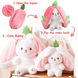 MIAODAM Bunny Stuffed Animal Reversible Cuddle Bunny Stuffed,Strawberry Bunny Transformed Rabbit Plush Zipper,Carrot That Turns Into Ears Bunnies Plushies Toy Cute Stuffy Doll Easter Girlfriend Gift