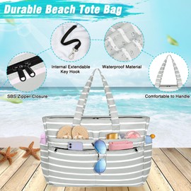 WACCET XXL Family Beach Bag, Large Waterproof Beach Bag for Women, with Zip, Foldable Lightweight Swimming Bag with Multiple Pockets, Beach Bag, Tote Bag for Beach, Travel, Holiday, Pool, Grey and