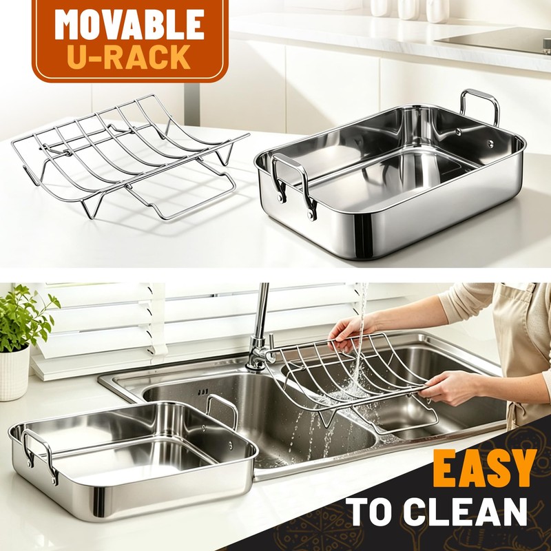 Roasting Pan with U-shape Rack,304 Stainless Steel Bakeware Tray Large