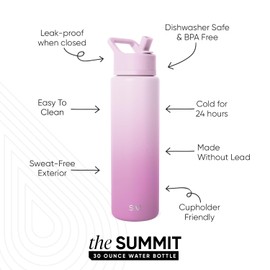 Simple Modern Water Bottle with Straw Lid | Vacuum Insulated Stainless Steel Metal Thermos | Reusable Leak Proof BPA-Free Flask for Sports Gym | Summit Collection | 30oz, Violet Dreams