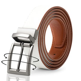 Monopa Reversible Leather Belt for Women - Two Color-in-One Belt for Jeans Dress Women Men Belt with Rotated Buckle(White/Brown with Gun Color Buckle 45in(115cm))